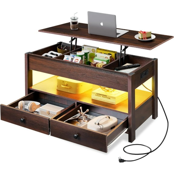 GALAXHERO Lift Top Coffee Table for Living Room Table with 2 Drawers & LED Light & Large Storage and Open Shelf Espresso