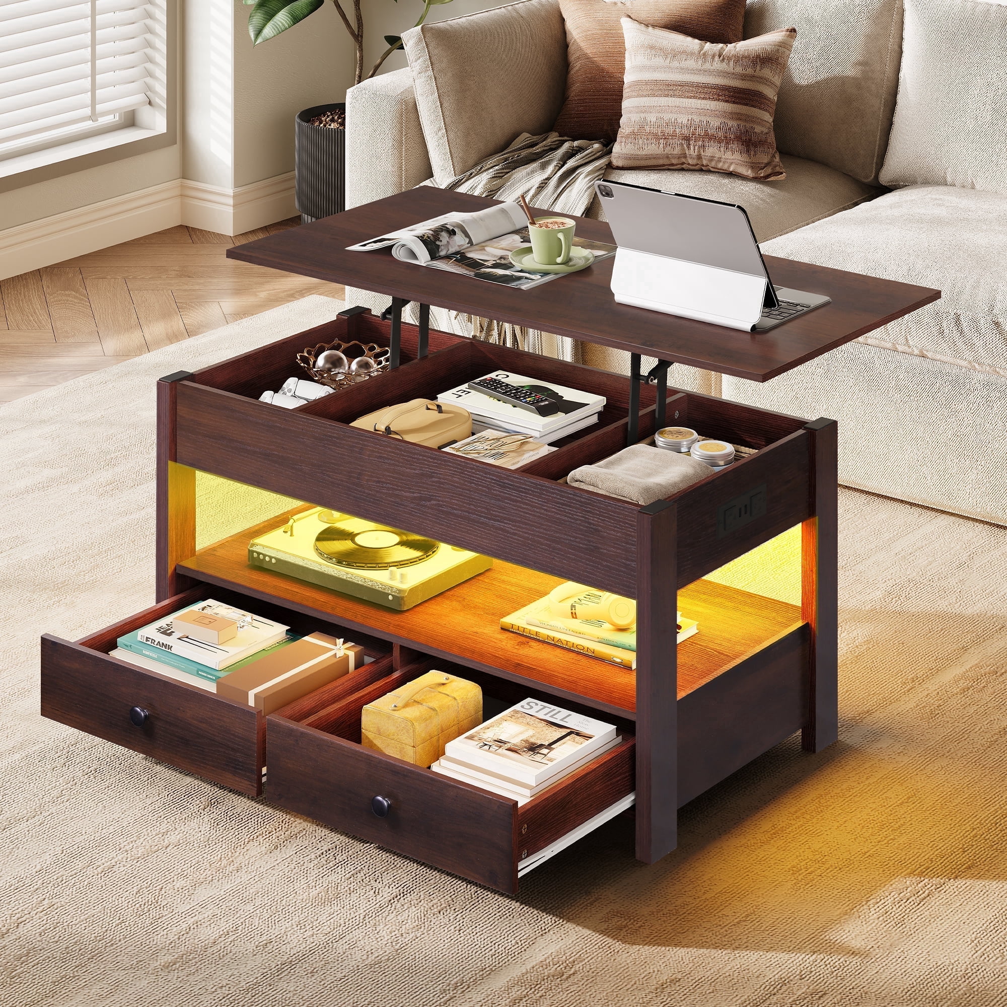 GALAXHERO Lift Top Coffee Table for Living Room Table with 2 Drawers & LED Light & Large Storage and Open Shelf Espresso