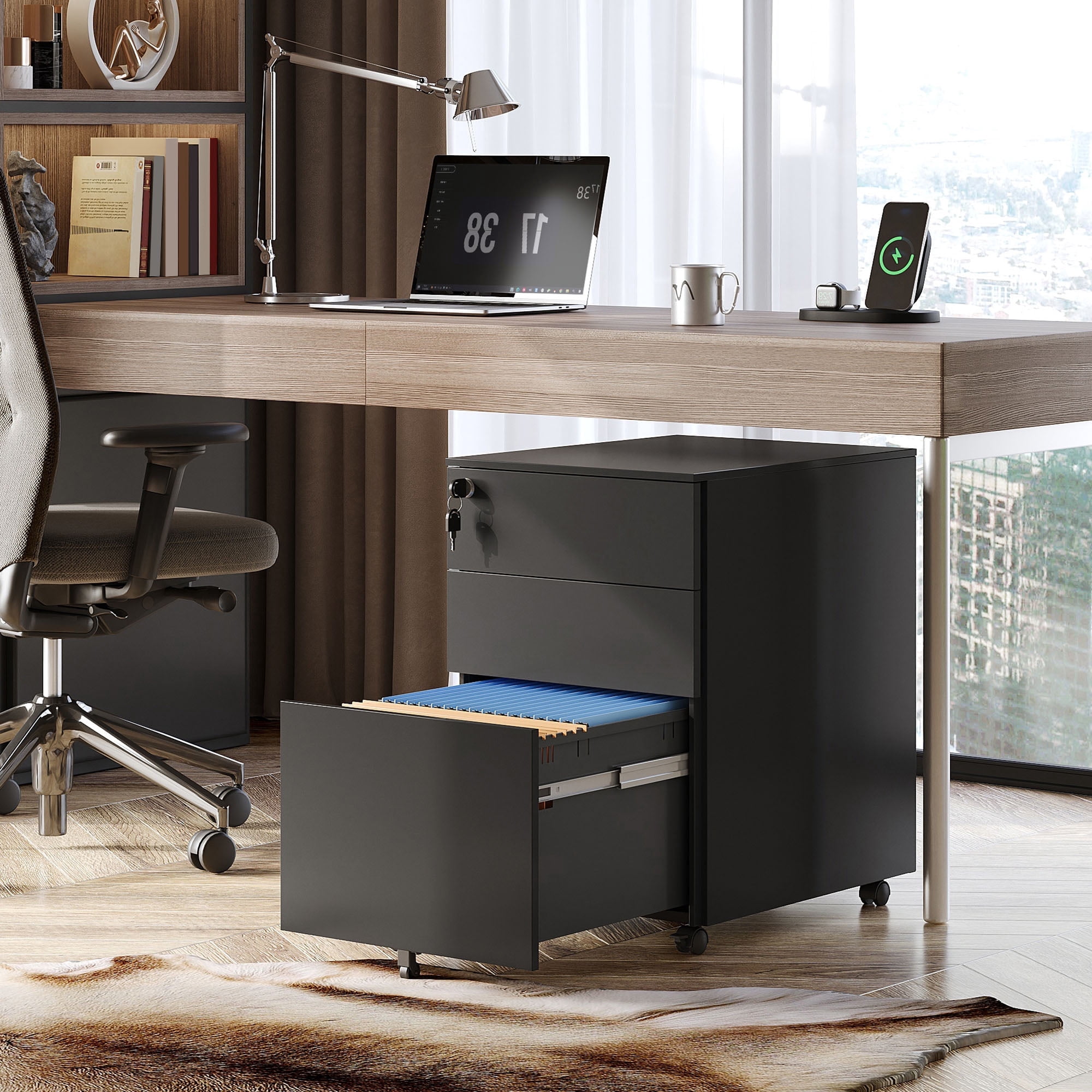 GALAXHERO Filing Cabinet 3 Drawer with Lock, Rolling File Cabinet for Home Office, Fully Assembled Under Desk Storage, Black