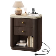 GALAXHERO Walnut Mid Century Modern Nightstand with Charging Station, 2-Drawer Fluted Wood Bedside Table with Open Shelf for Bedroom Living Room Dorm