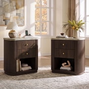 GALAXHERO Walnut Mid Century Modern Nightstand with Charging Station, 2-Drawer Fluted Wood Bedside Table with Open Shelf for Bedroom Living Room Dorm