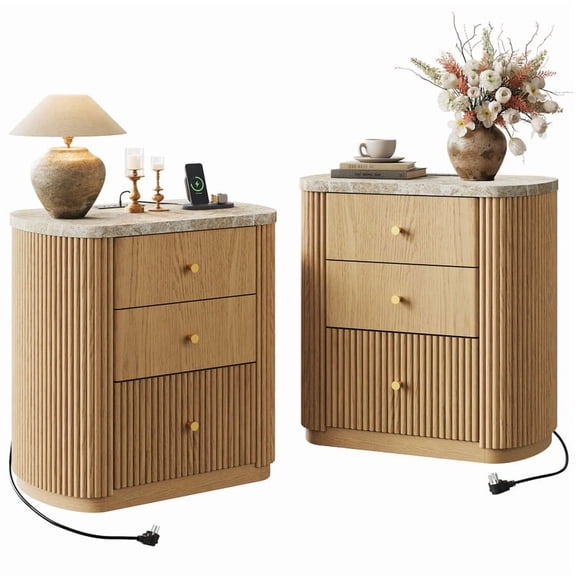 GALAXHERO Oak Mid Century Modern Nightstand with Charging Station, 3-Drawer Fluted Wood Bedside Table with Faux Marble Top for Bedroom Living Room
