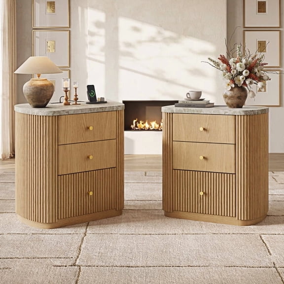 GALAXHERO Oak Mid Century Modern Nightstand with Charging Station, 3-Drawer Fluted Wood Bedside Table with Faux Marble Top for Bedroom Living Room
