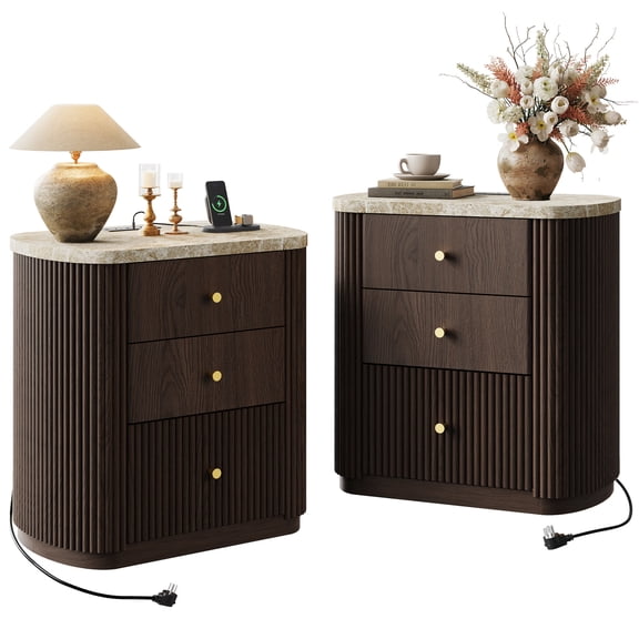 GALAXHERO Oak Mid Century Modern Nightstand with Charging Station, 3-Drawer Fluted Wood Bedside Table with Faux Marble Top for Bedroom Living Room