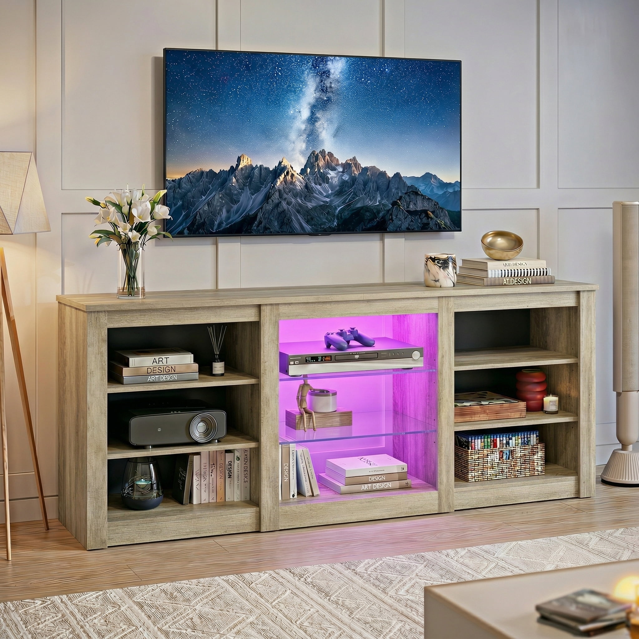 GALAXHERO Modern TV Stand for 65 Inch TV Entertainment Center with Adjustable Open Shelves & LED Lights Sturdy Media Console for Living Room, Bedroom, Gaming Gray Oak