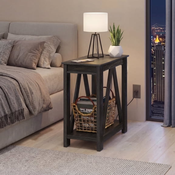 GALAXHERO Narrow End Table with Charging Station and Open Storage Shelf Sofa Side Table with 2 USB Ports and 2 Power Outlets, Slim Farmhouse End Table for Small Spaces, Bedroom, Living Room Black