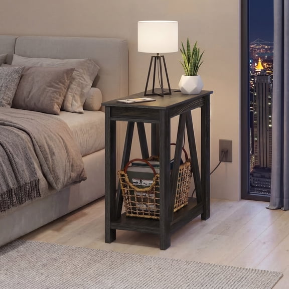 GALAXHERO Narrow End Table with Charging Station and Open Storage Shelf Sofa Side Table with 2 USB Ports and 2 Power Outlets, Slim Farmhouse End Table for Small Spaces, Bedroom, Living Room Black