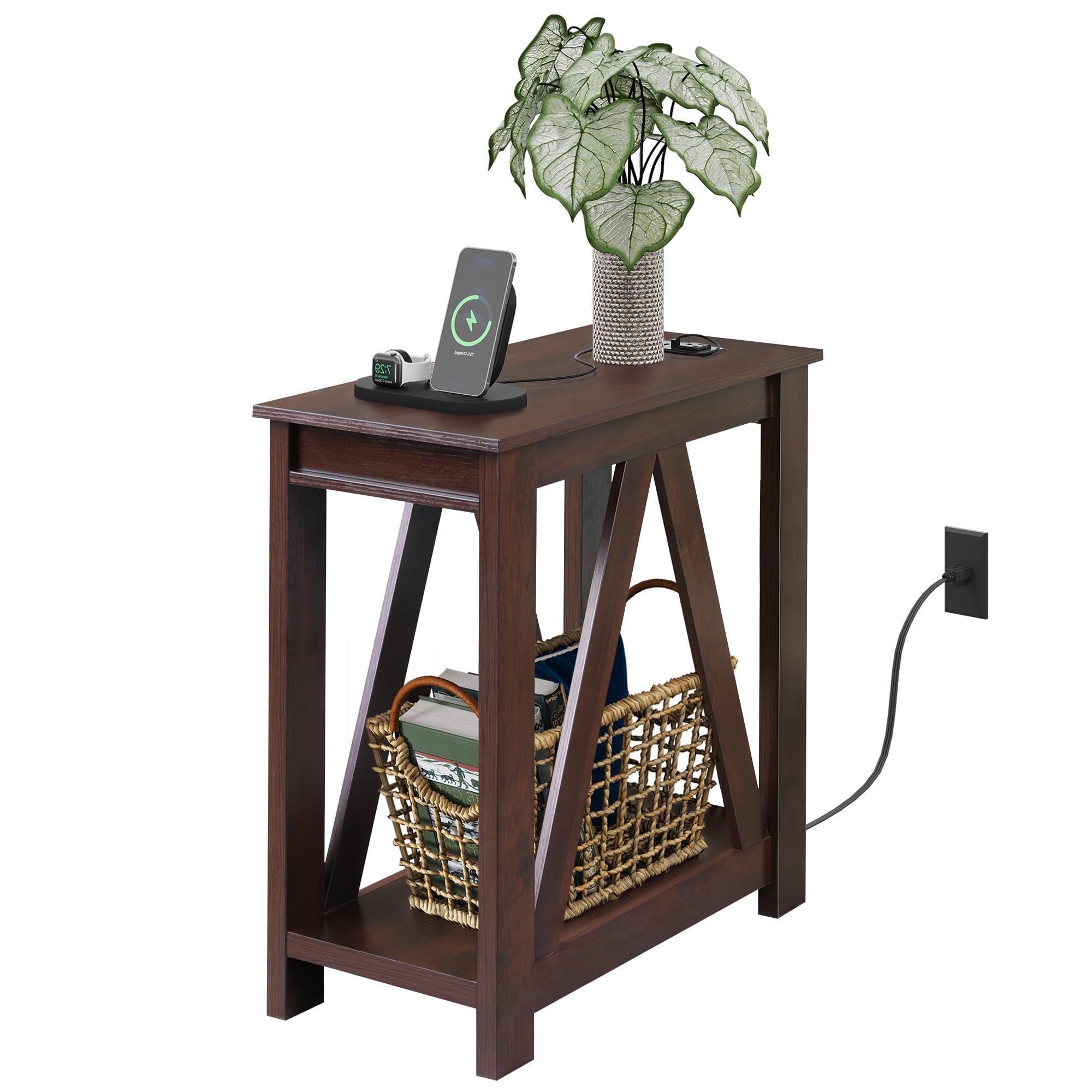 GALAXHERO Narrow End Table with Charging Station and Open Storage Shelf, Sofa Side Table with 2 USB Ports and 2 Power Outlets, Slim Farmhouse End Table for Small Spaces, Bedroom, Living Room Espresso