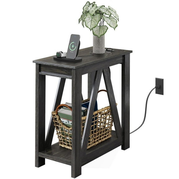 GALAXHERO Narrow End Table with Charging Station and Open Storage Shelf, Sofa Side Table with 2 USB Ports and 2 Power Outlets, Slim Farmhouse End Table for Small Spaces, Bedroom, Living Room Black