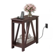 GALAXHERO Narrow End Table with Charging Station and Open Storage Shelf Sofa Side Table with 2 USB Ports and 2 Power Outlets, Slim Farmhouse End Table for Small Spaces, Bedroom, Living Room Espresso