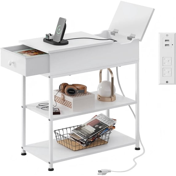 GALAXHERO Narrow End Table with Charging Station Side Table for Living Room, Couch Nightstand with Fabric Drawer for Bedroom White