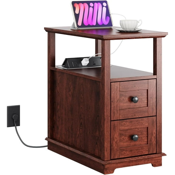 GALAXHERO Narrow Side Table with Charging Station Wooden End Table with 2 Drawers for Living Room, Bedroom, Small Space, Antique Cherry