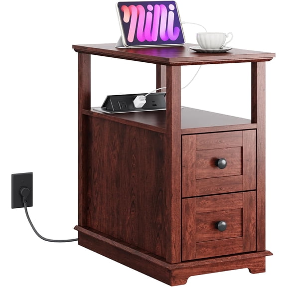 GALAXHERO Narrow Side Table with Charging Station Wooden End Table with 2 Drawers for Living Room, Bedroom, Small Space, Antique Cherry