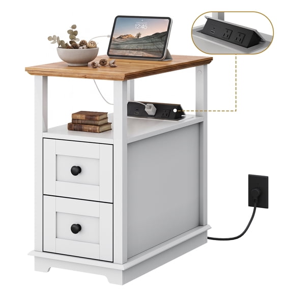 GALAXHERO Narrow Side Table with Charging Station Wooden End Table with 2 Drawers for Living Room, Bedroom, Small Space White
