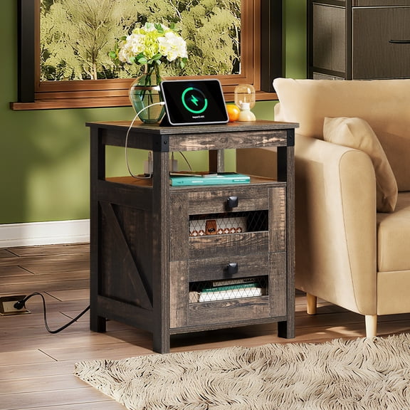 GALAXHERO Nightstand with Charging Station, 2-Drawer End Table for Bedroom and Living Room, Farmhouse Side Table with USB Ports and Outlets, Dark Rustic Oak