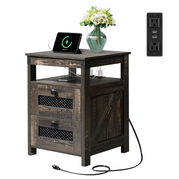 GALAXHERO Nightstand with Charging Station, 2-Drawer End Table for Bedroom and Living Room, Farmhouse Side Table with USB Ports and Outlets, Dark Rustic Oak