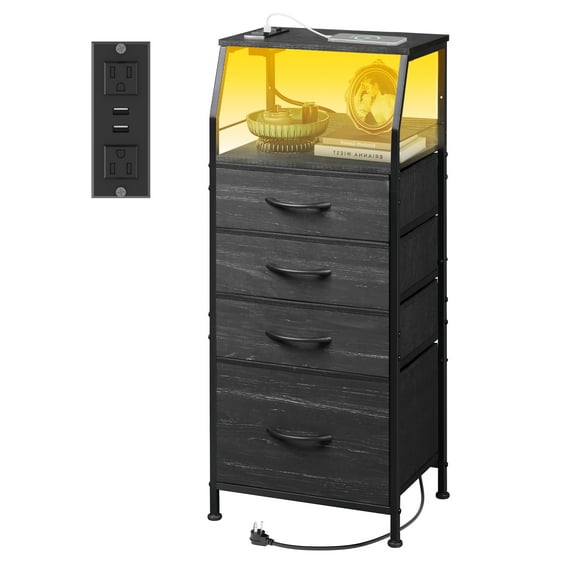 GALAXHERO Nightstand with Charging Station and LED, Black Tall Night Stand, 4 Drawers Bedside Table with Storage Shelfs for Bedroom, Living Room