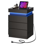 GALAXHERO Nightstand with Charging Station, LED Lights, Side Table with Sliding Top, 3 Drawers Bedside Table with Hidden Space, Modern End Table for Bedroom, Living Room, Black