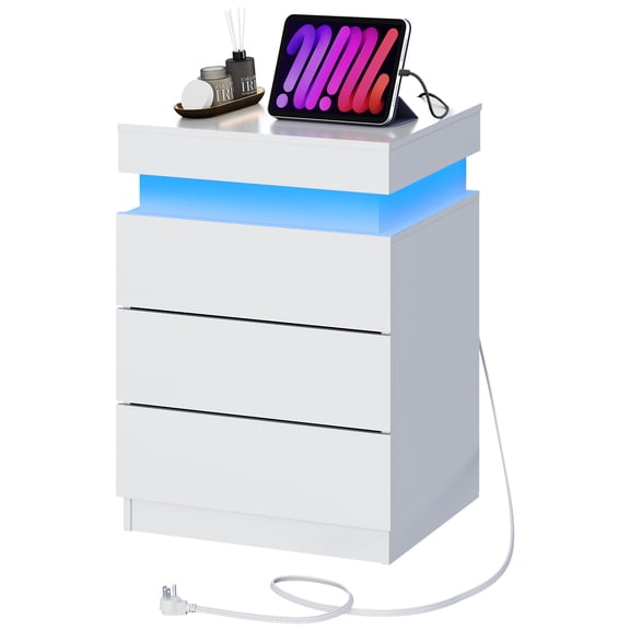 GALAXHERO Nightstand with Charging Station, LED Lights, Side Table with Sliding Top, 3 Drawers Bedside Table with Hidden Space, Modern End Table for Bedroom, Living Room, White