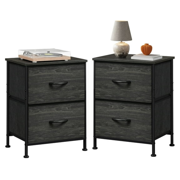 GALAXHERO Nightstand Set of 2 with 2 Fabric Drawers, Small Bedroom Dresser and Bedside Table for Dorm and Small Spaces, Charcoal Black Wood Grain Print