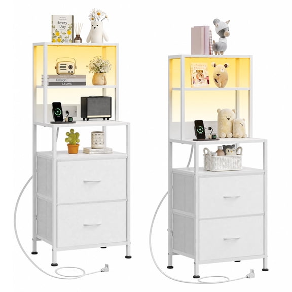 GALAXHERO Nightstand Set of 2 with Charging Station, LED Night Stands with 2 Fabric Drawers and 4 Storage Open Shelves, Bedside Table Sets for Bedroom, White