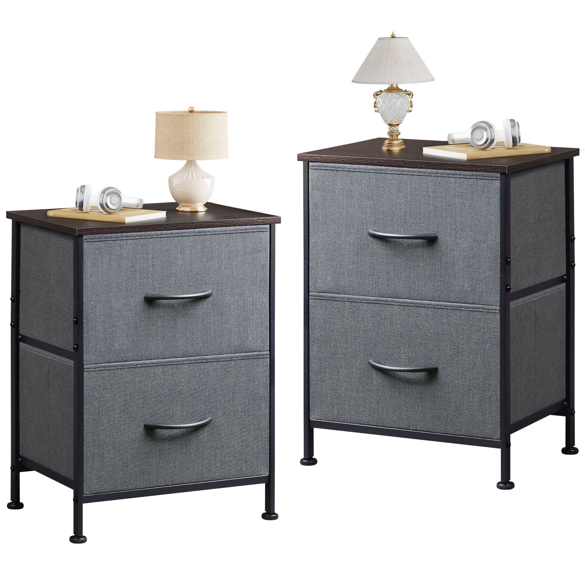 GALAXHERO Nightstand Set of 2 with 2 Drawers, Small Bedroom Dresser and End Table with Fabric Bins for Closet, College Dorm, Dark Grey
