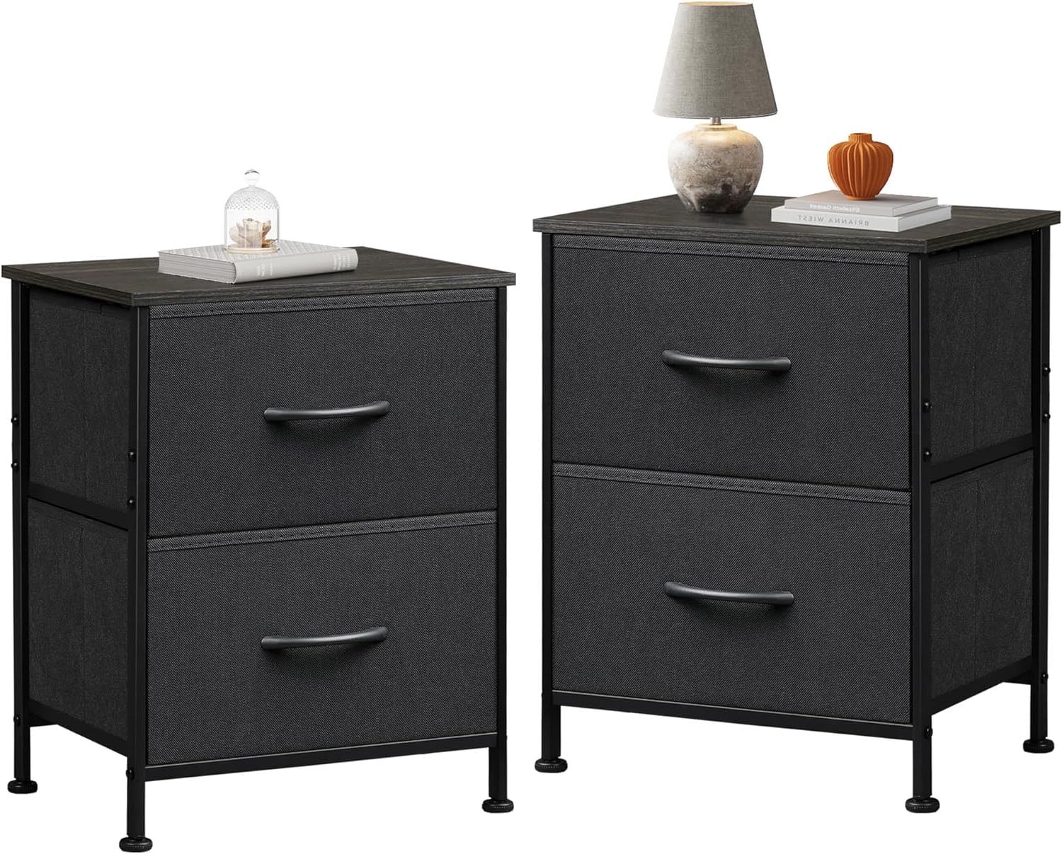 GALAXHERO Nightstand Set of 2 with 2 Fabric Drawers, Small Bedroom Dresser and Bedside Tables for Dorm and Small Spaces, Wood Top, Black