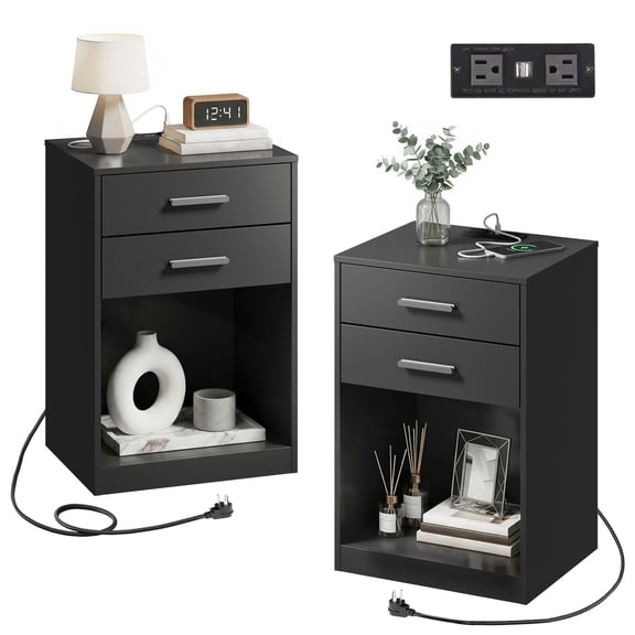 GALAXHERO Nightstand Set of 2 with Charging Station and 2 Drawers, Wood Bedside Table End Table with Open Shelf for Bedroom, Living Room, Black