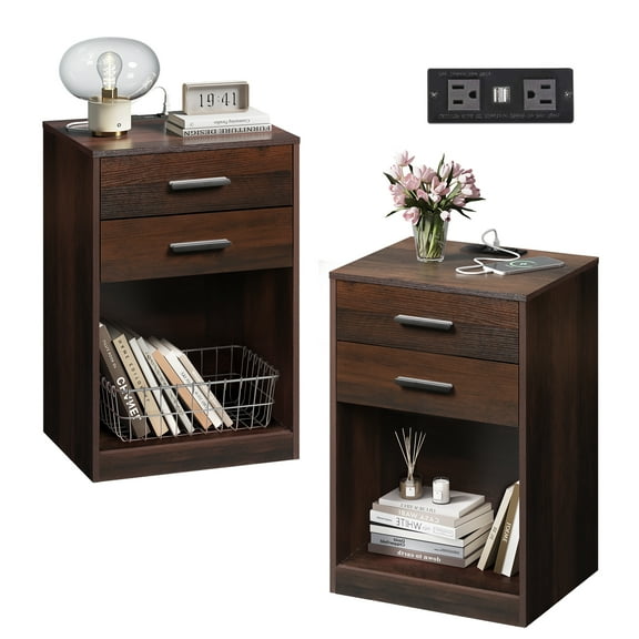 GALAXHERO Nightstand Set of 2 with Charging Station and 2 Drawers, Wood Bedside Table End Table with Open Shelf for Bedroom, Living Room, Espresso