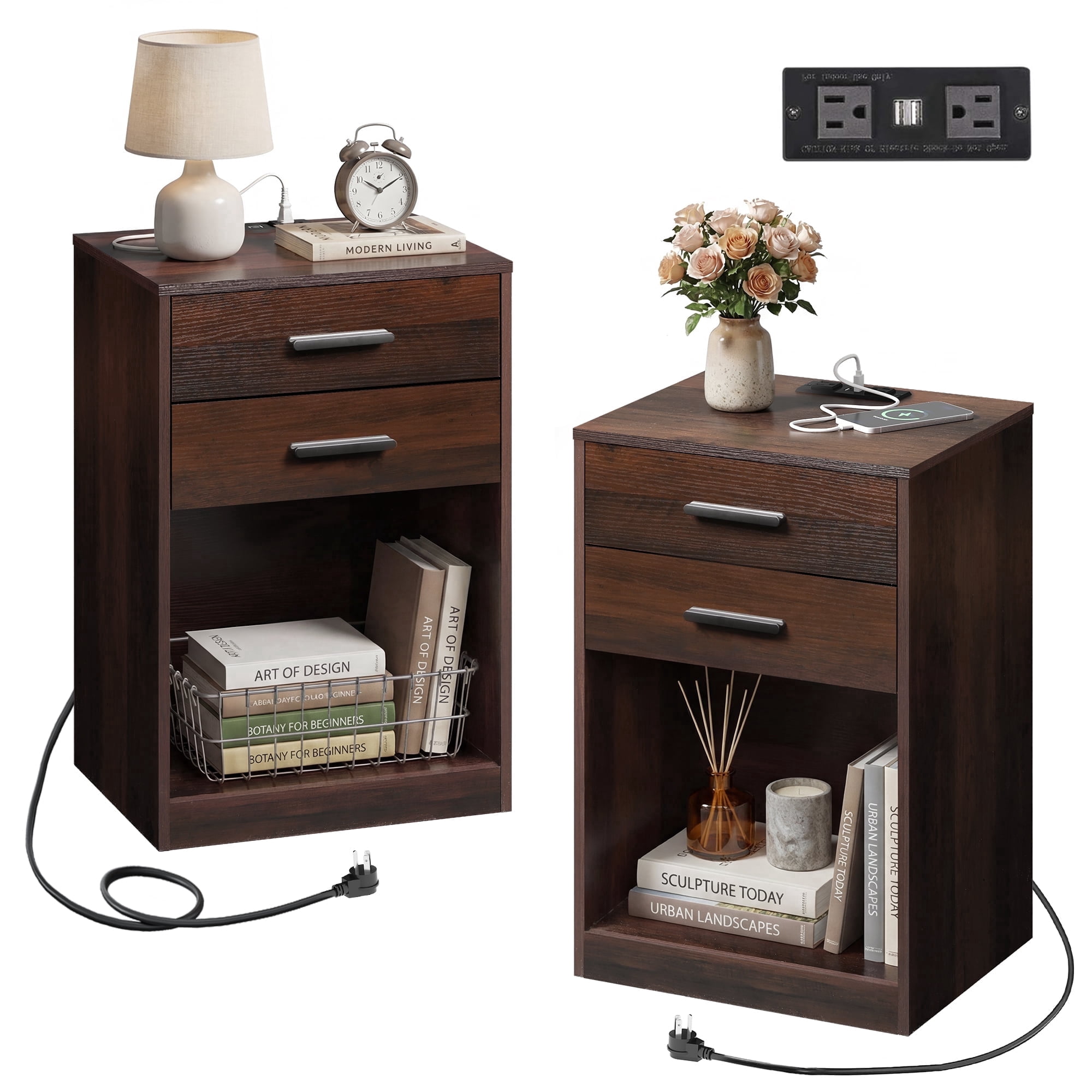 GALAXHERO Nightstand Set of 2 with Charging Station and 2 Drawers, Wood Bedside Table End Table with Open Shelf for Bedroom, Living Room, Espresso