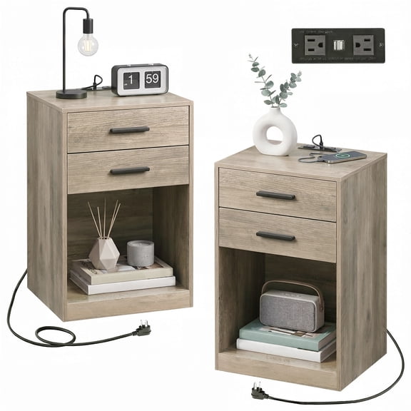 GALAXHERO Nightstand Set of 2 with Charging Station and 2 Drawers, Wood Bedside Table End Table with Open Shelf for Bedroom, Living Room, Greige