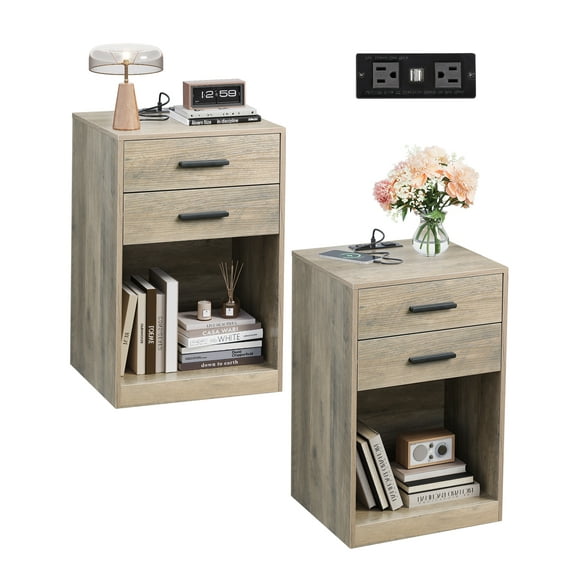 GALAXHERO Nightstand Set of 2 with Charging Station and 2 Drawers, Wood Bedside Table End Table with Open Shelf for Bedroom, Living Room, Greige