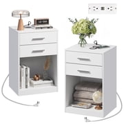 GALAXHERO Nightstand Set of 2 with Charging Station and 2 Drawers, Wood Bedside Table End Table with Open Shelf for Bedroom, Living Room, White