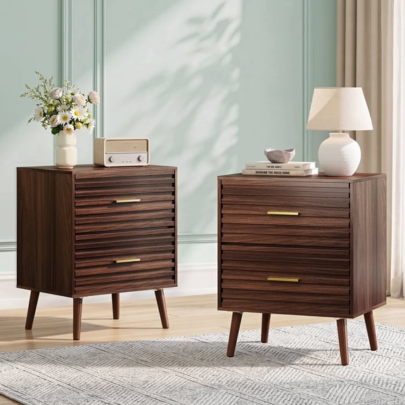 GALAXHERO Nightstand Set of 2, Mid Century 2 Drawers Bedside Table, Wood Fluted End Table for Living Room, Bedroom, Rustic Brown