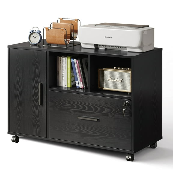 GALAXHERO Lateral File Cabinet with Lock, Rolling Wood Cabinet for Home Office, Printer Stand with Shelf, Fit Legal/A4 Size, Black