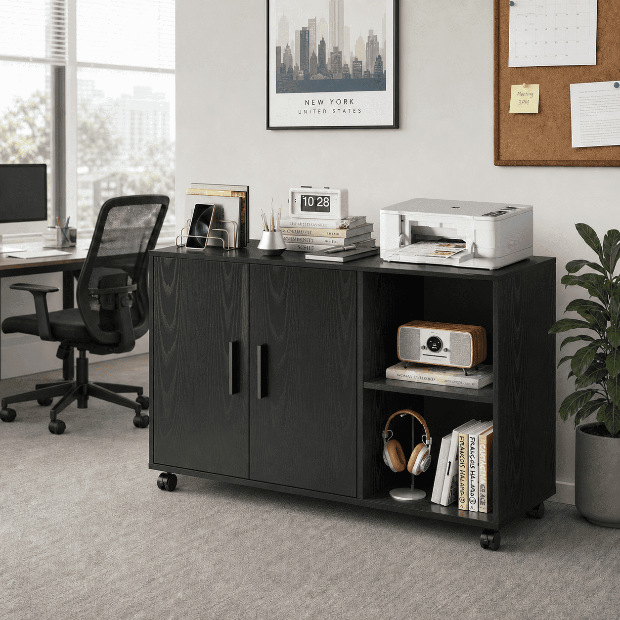 GALAXHERO Wood Storage Cabinets with Doors and Shelves, Lateral File Cabinet & Printer Stand with Storage for Home Office, Black