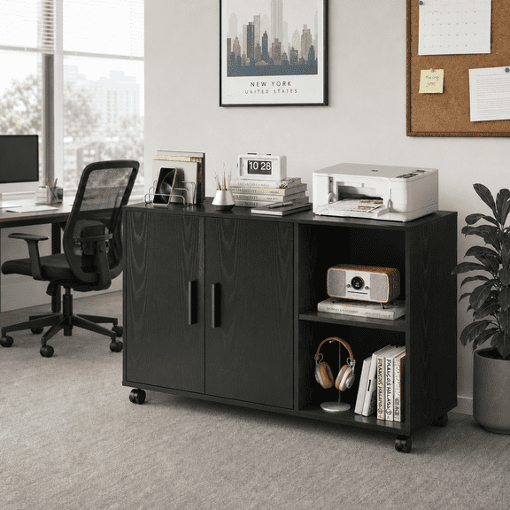 GALAXHERO Wood Storage Cabinets with Doors and Shelves, Lateral File Cabinet & Printer Stand with Storage for Home Office, Black