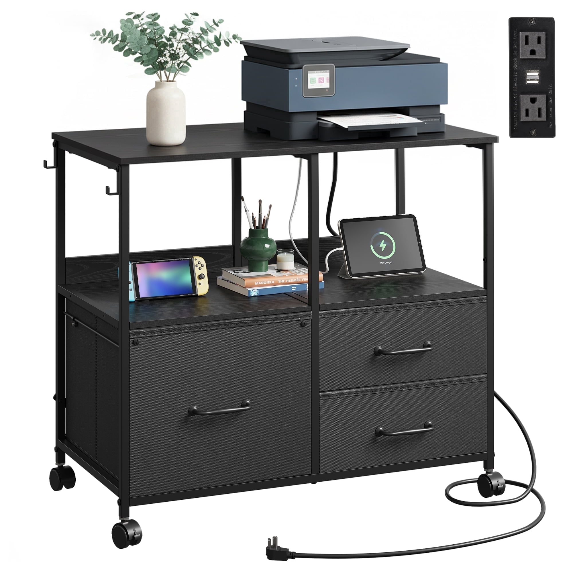 GALAXHERO 3 Drawer File Cabinet with Charging Station, Mobile Printer Stand with Storage Shelves, Filing Cabinet Furniture for Home Office, Fits Letter/A4, Black