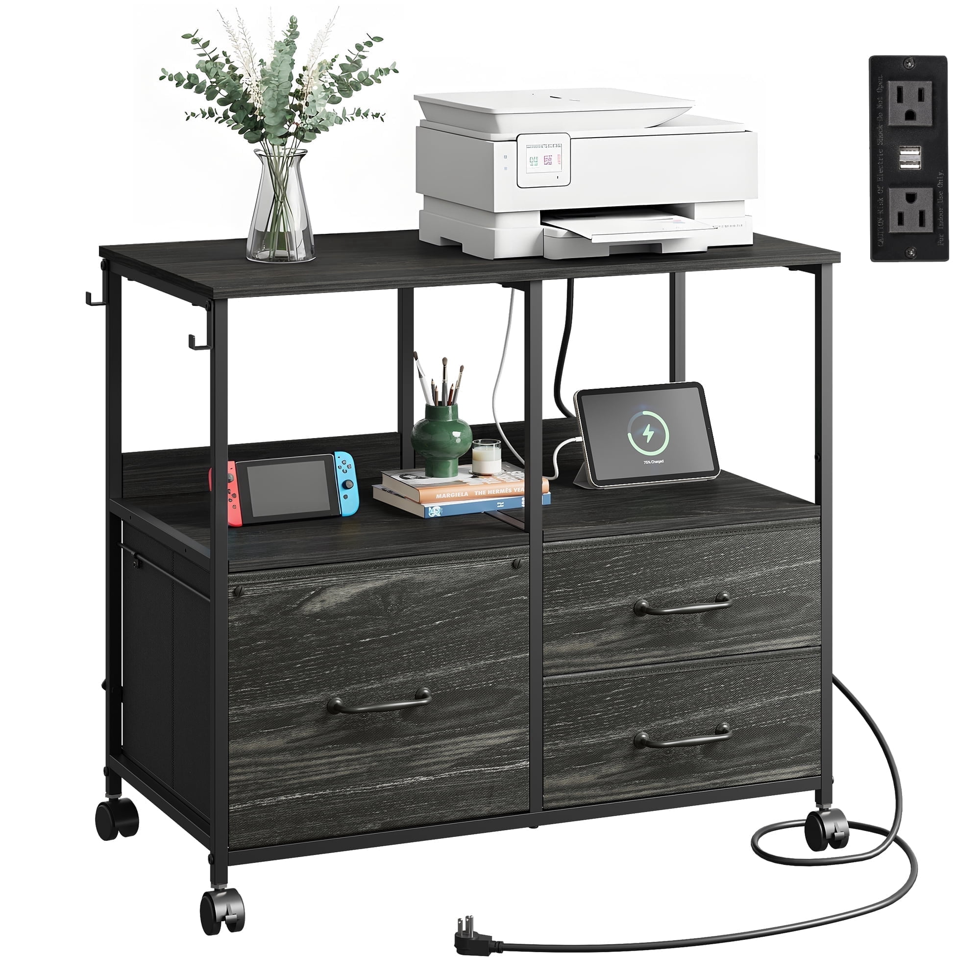 GALAXHERO 3 Drawer File Cabinet with Charging Station, Mobile Printer Stand with Storage Shelves, Filing Cabinet Furniture for Home Office, Fits Letter/A4, Black Wood Grain Print