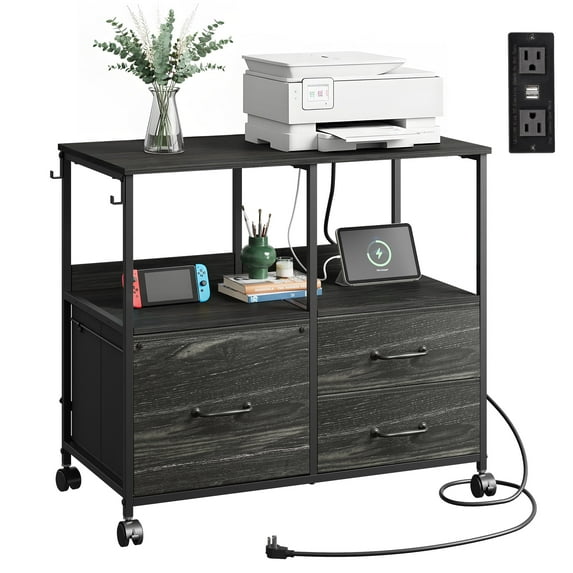 GALAXHERO 3 Drawer File Cabinet with Charging Station, Mobile Printer Stand with Storage Shelf for Home Office, Fit Letter/A4 Size, Charcoal Black Wood Grain Print