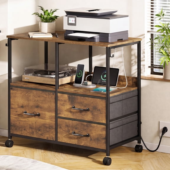 GALAXHERO 3 Drawer File Cabinet with Charging Station, Mobile Printer Stand with Storage Shelves for Home Office, Fits Letter/A4, Rustic Brown