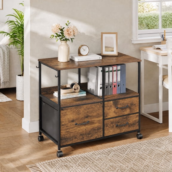 GALAXHERO 3 Drawer File Cabinet with Charging Station, Mobile Printer Stand with Storage Shelves, Filing Cabinet Furniture for Home Office, Fits Letter/A4, Rustic Brown
