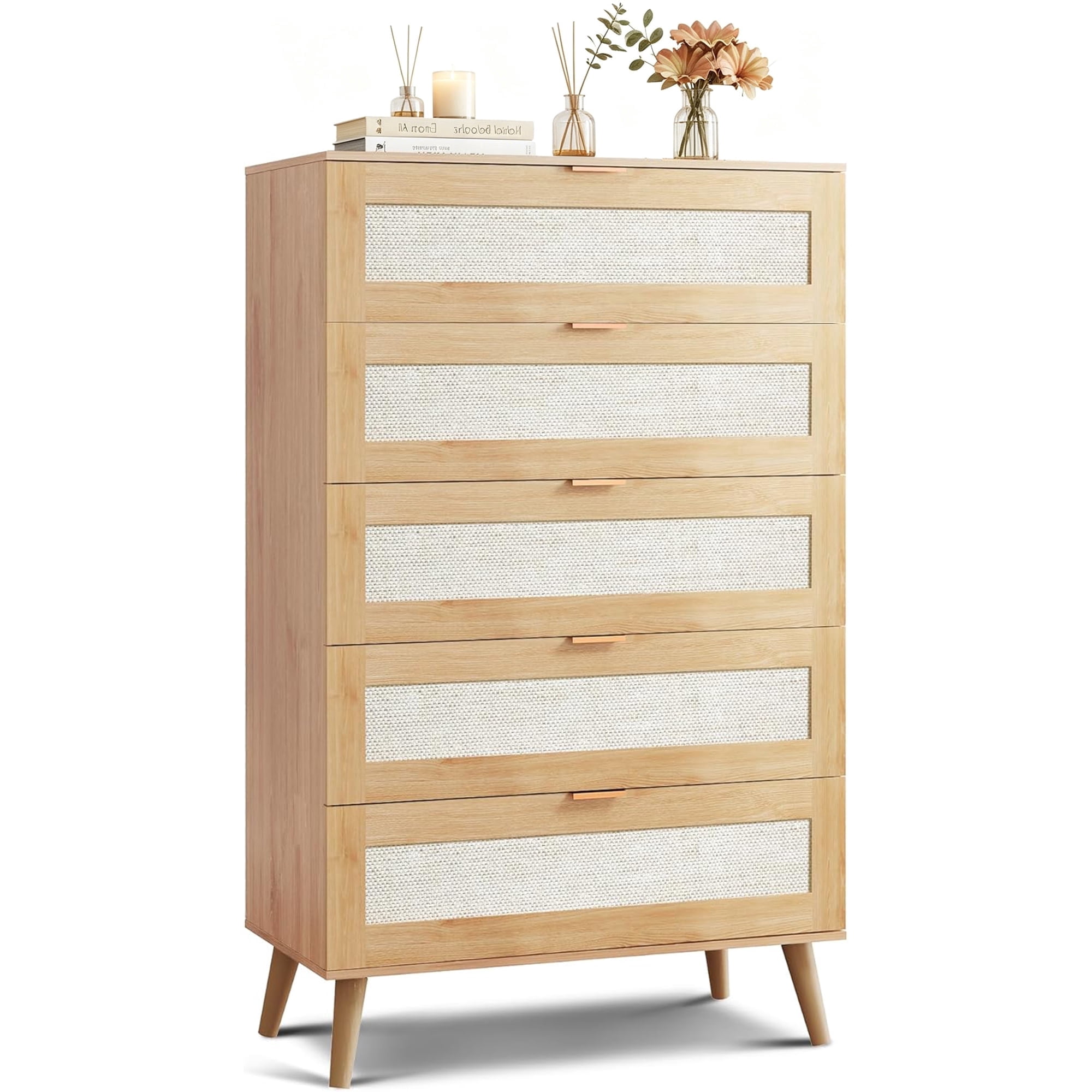 GALAXHERO Rattan 5 Drawer Dresser, Wooden Chest of Drawers, Boho Tall Dresser Closet Storage Organizer for Bedroom, Living Room, Hallway, Light Oak