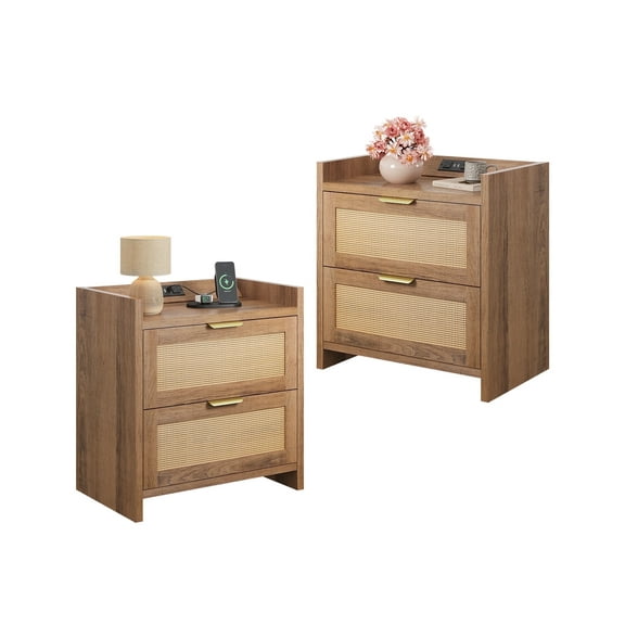 GALAXHERO Nightstand Set of 2 with Charging Station, Boho Rattan Bedside Tables, 2 Drawers End Table for Bedroom, Living Room, Natural Oak