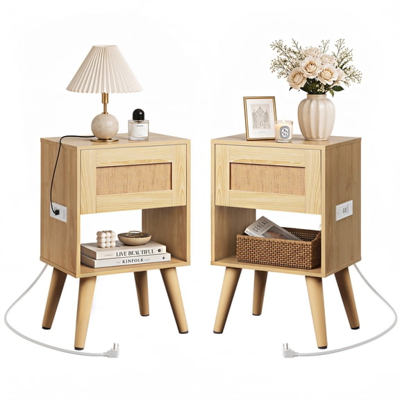 GALAXHERO Oak Nightstand Set of 2 with Charging Station, Boho Rattan Bedside Table with Drawer,End Table with Open Shelf for Bedroom Living Room Dorm