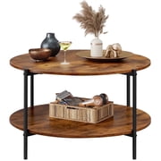 GALAXHERO Round Small Coffee Table 32.6 with Open Storage Shelf 2-Tier Industrial Circle Wood Center Table for Living Room Bedroom Rustic Brown