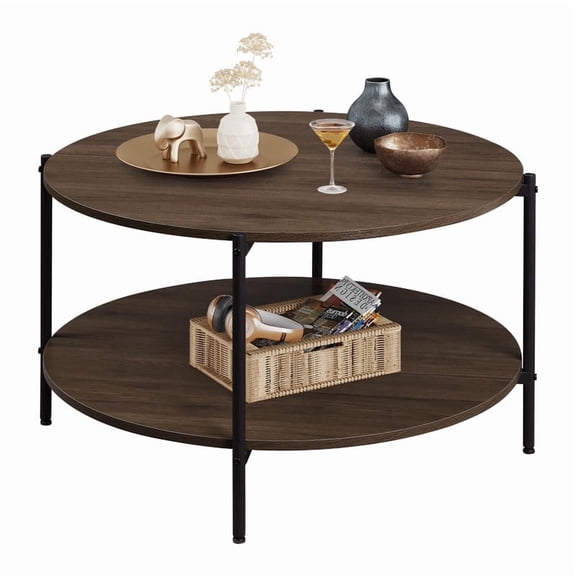 GALAXHERO Round Small Coffee Table 32.6" Side End Table with Open Storage Shelf 2-Tier Industrial Circle Wood Center Table for Living Room Bedroom Brown