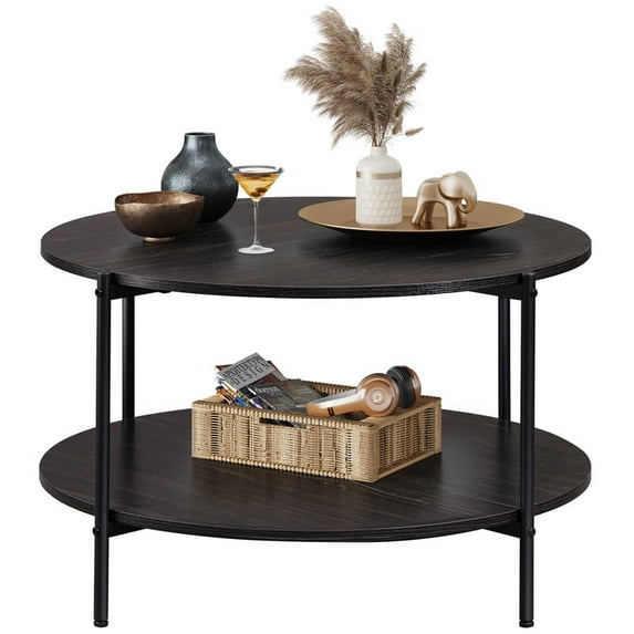GALAXHERO Round Small Coffee Table 32.6" Side End Table with Open Storage Shelf 2-Tier Industrial Circle Wood Center Table for Living Room Bedroom Charcoal Black