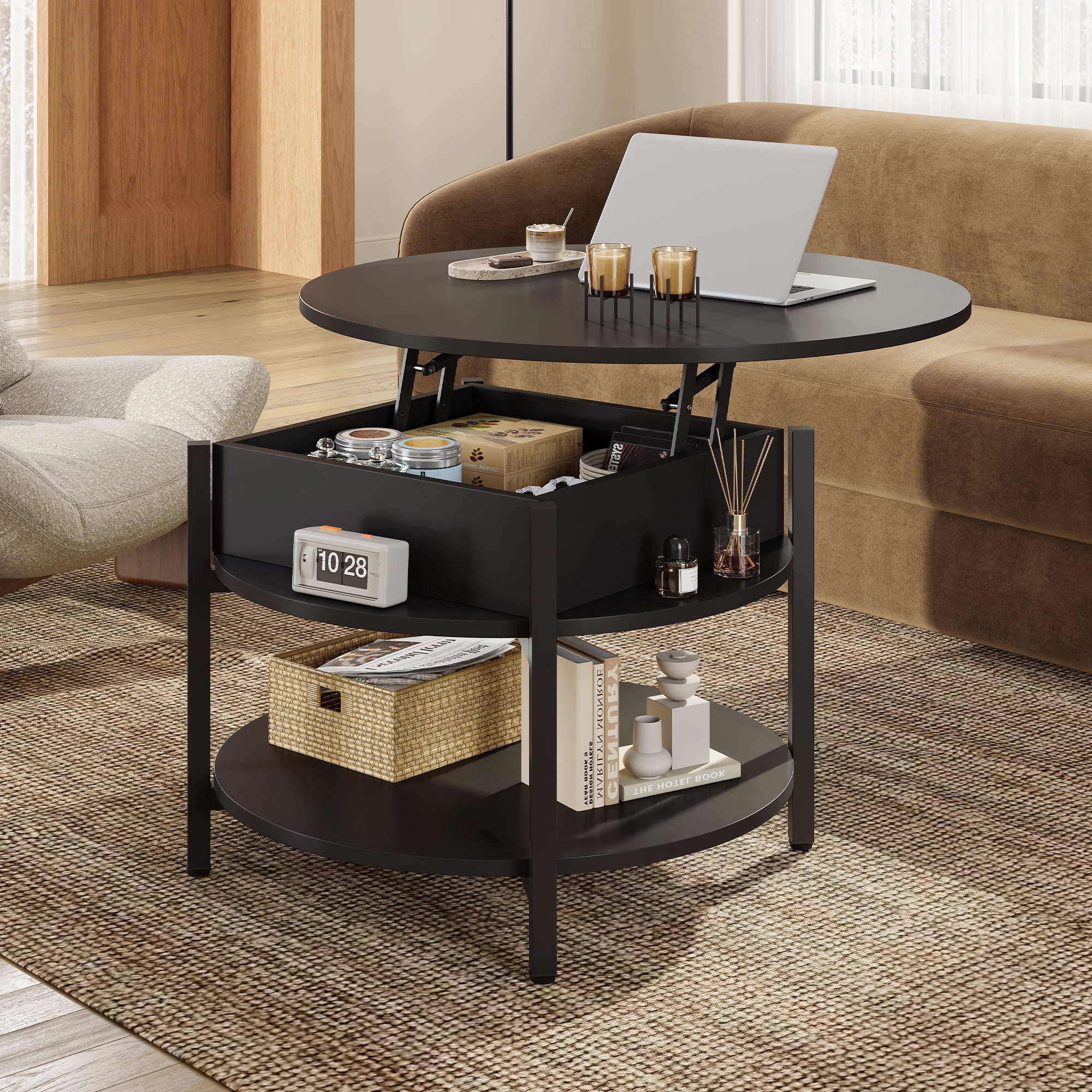 GALAXHERO Round Lift Top Coffee Table with Hidden Compartment and Storage Shelf, Farmhouse Small Coffee Table with 2 Tier for Living Room Black
