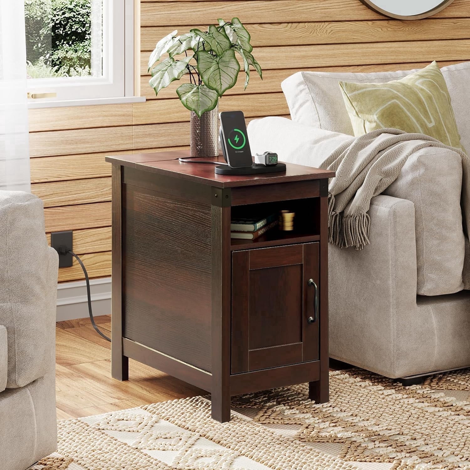 GALAXHERO Set of 2 Narrow End Tables with Charging Station, Side Tables for Small Spaces, USB Ports & Outlets, Nightstands with Storage for Living Room & Couch, Espresso Finish